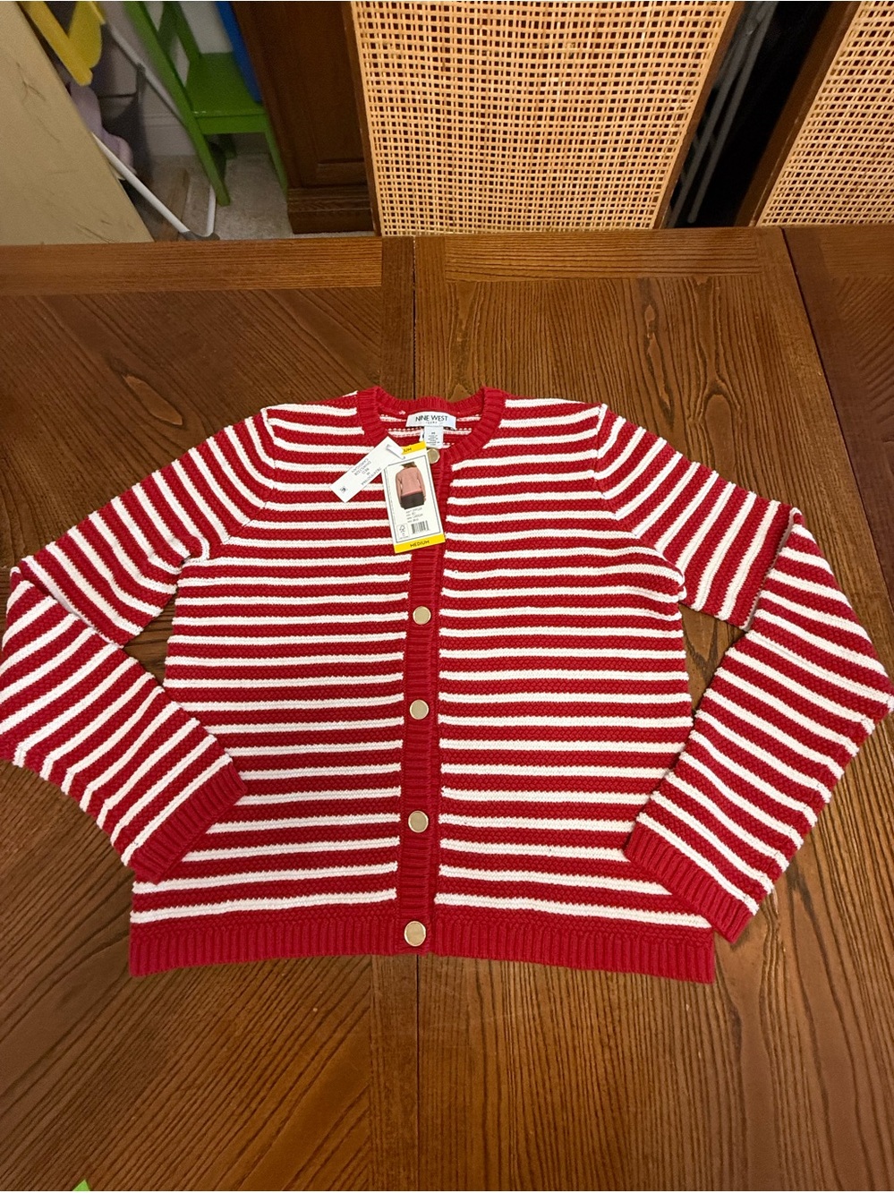 Nine West Red & White Striped Cardigan. NWT. Size Medium